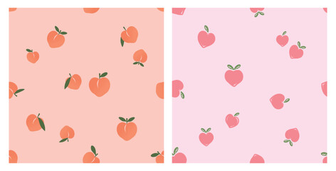 seamless patterns of peach fruit with green leaves on orange and pink backgrounds vector.