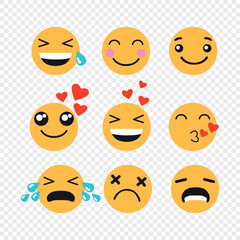 Emotion from happy to sad emoji smiley faces. Collection of emoji reactions for social media. Emoji icon with a PNG background
