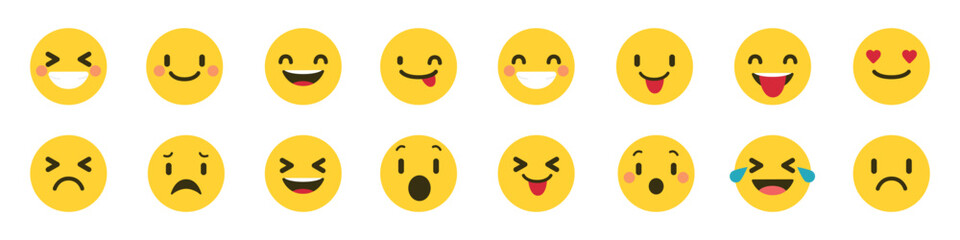 Set of emoji reactions for social media. Emoji reactions. Funny emoticons faces with facial expressions. Vector illustration eps 10