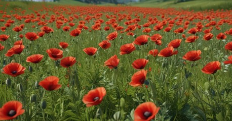 Red poppy flowers scattered across a lush green summer meadow  ,  field,  detail,  serene