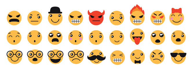 Set of emoji reactions for social media. Emoji reactions. Funny emoticons faces with facial expressions. Vector illustration eps 10