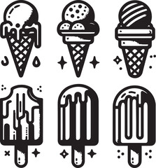 Black and White Ice Cream and Popsicle Line Art Icons – Minimalist Vector Set