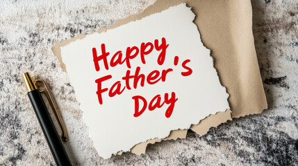 Handwritten "Happy Father's Day" in red marker on white paper, isolated on a light brown background with a black border and torn edge, creating a rustic and heartfelt greeting card element.
