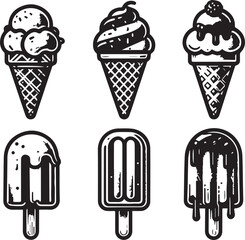 Black and White Ice Cream and Popsicle Line Art Icons – Minimalist Vector Set