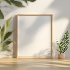 Simple white framed square oak frame on a wooden desk with a small green plant in a pot and soft light in a minimalist room
