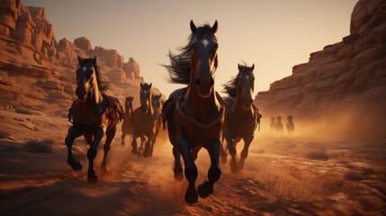 Stado czarnych koni pędzących przez pustynną dolinę o zachodzie słońca
