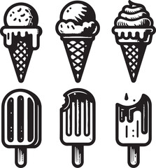 Black and White Ice Cream and Popsicle Line Art Icons – Minimalist Vector Set