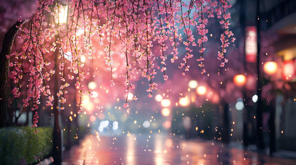 Fototapeta premium night in the city pink Sophora affinis Eve's Necklace japonica trees in japan