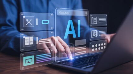 Hands interacting with a holographic interface displaying artificial intelligence applications.