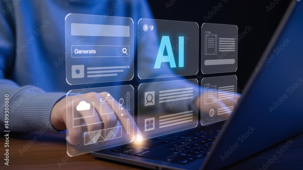 Poster hands interacting with a futuristic interface showcasing ai applications.