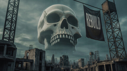 Post-apocalyptic skyline with giant skull-shaped clouds