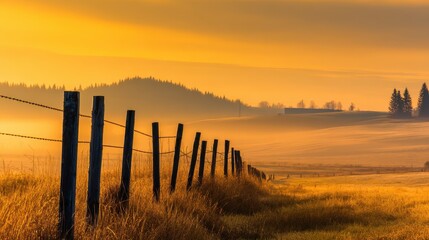 Obraz premium Serene sunset over a rural landscape with a fence line leading to distant hills and soft fog