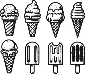Black and White Ice Cream and Popsicle Line Art Icons – Minimalist Vector Set