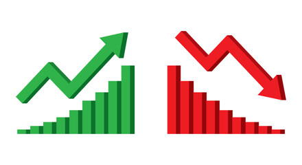 3d Graph going Up and Down sign with green and red arrows. 3d design vector illustration concept of sales. Bar chart symbol icon with arrow moving down and sales bar chart with arrow moving up, EPS 10 © stefanbalaz
