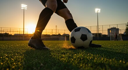 Soccer player dribbling ball sunset