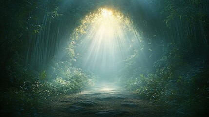 Obraz premium Sunlight Piercing Through Dense Forest Foliage Illuminating Forest Path