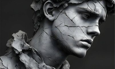 Distressed grey statue of a young man's bust with cracks and foliage details, against a dark background