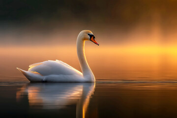 Fototapeta premium Lonely Swan Floating on a Quiet Lake at Sunset
