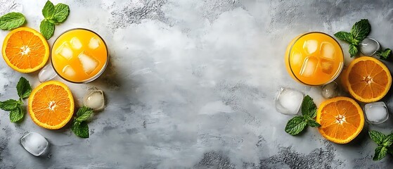 Iced orange juice, mint, summer