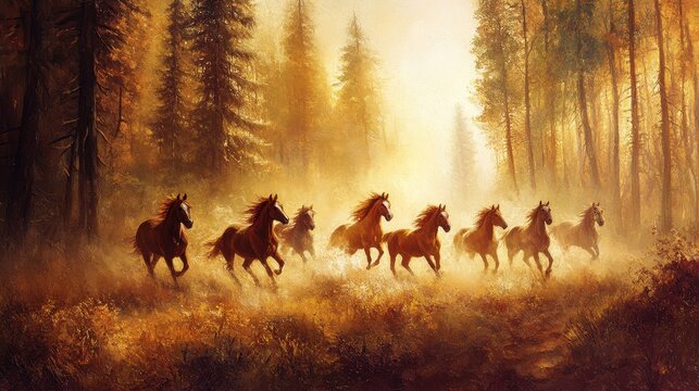 Stado koni w złotej godzinie