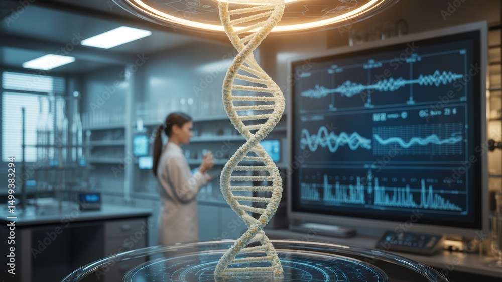 Poster dna model displayed in a modern laboratory setting.