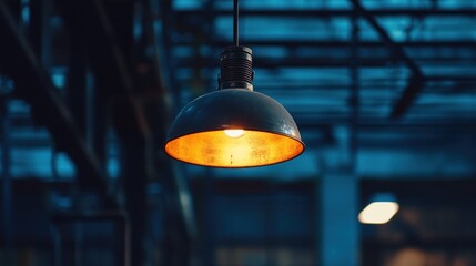 Industrial Chic: A Single Hanging Lamp Illuminates a Dark Factory Interior