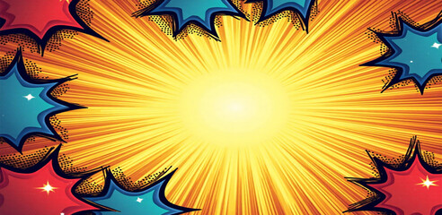 Comic Style Sunburst Background with Colorful Speech Bubble Elements