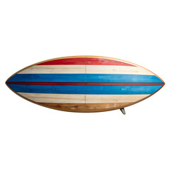 Fototapeta premium “Vintage Wooden Surfboard with Faded Stripes, isolated on white background”.PNG