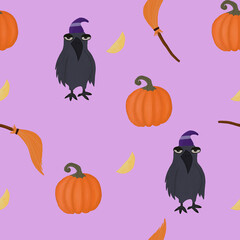 Pumpkins Crows and Broomsticks Against Lilac Backdrop for Autumnal Holiday Seamless Pattern