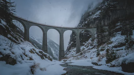 Winter view of the Landwasser Viaduct in Graubünden Switzerland