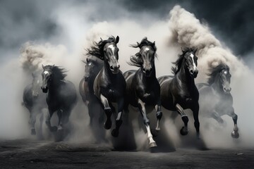 Stado galopujących koni w pyłowej mgle