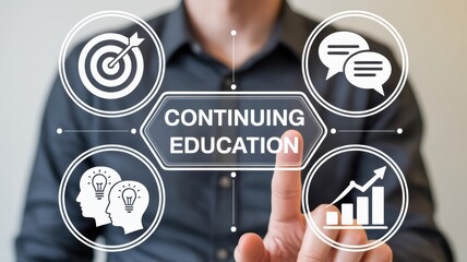 A touch screen interface displays the concept of continuing education.