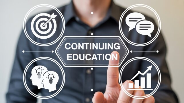 A touch screen interface displays the concept of continuing education.