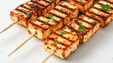 Delicious grilled tofu skewers garnished with fresh herbs and spices.