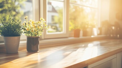 Sunlit Kitchen Windowsill with Blooming Flowers