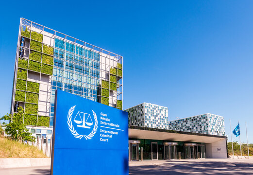 The Hague, Netherlands - May 13, 2025: Sign at the entrance of the seat of the International Criminal Court (ICC), designed by Schmidt Hammer Lassen and built in 2015.