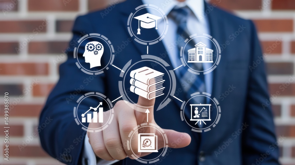 Poster a person interacting with a digital interface displaying educational concepts.