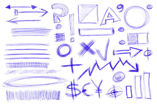 Set doodle design elements for business, symbols isolated on white, written with ballpoint pen