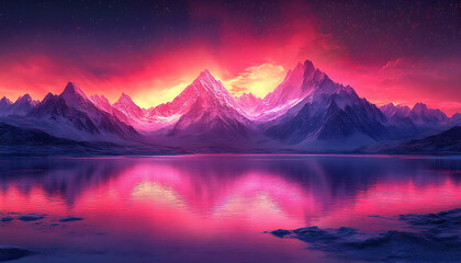 Dreamscape featuring mountain range reflection in still water beneath a vibrant, otherworldly sunset sky