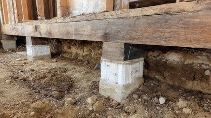 A High Resolution image of repairing foundation drainage systems under house with visible supports and soil.