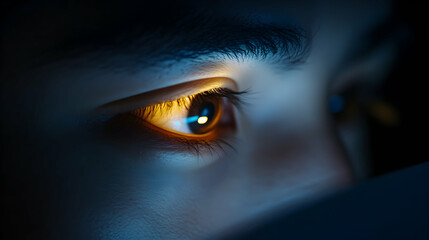 Close-up of a human eye with a glowing iris in a dark setting.