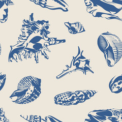 Seamless pattern with seashells isolated on a blue background. Decor style. 
