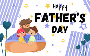 Happy Father s Day. Cute image of dad with kids. Father s Day drawings with holiday wishes. Vector card, poster, banner.. Vector image, eps 10, isolated on white background