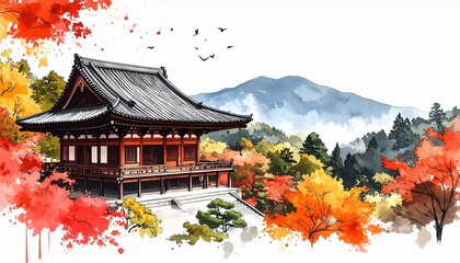 Fototapeta premium Custom AI Model,清水寺と森の中の舞台を墨絵で描く
