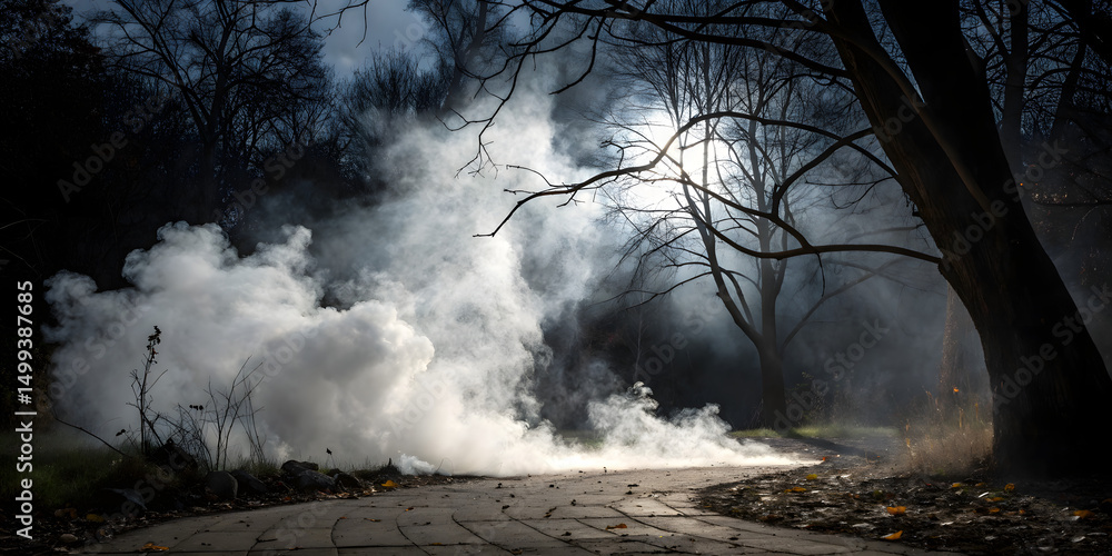 Fototapete Smoke with fire camp full transparent background  more fire ,Real smoke exploding outwards with empty center. Dramatic smoke or fog effect for spooky Halloween background.