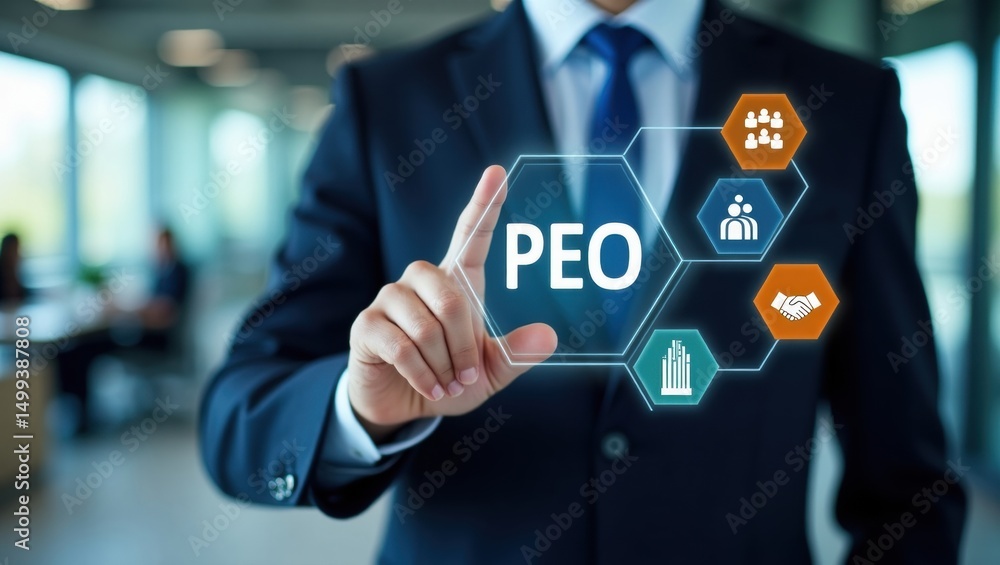 Aufkleber businessman using a touch screen interface displaying a peo concept.
