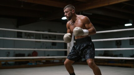 Fototapeta premium Boxer Practicing Punches and Footwork in Old School Gym Setting