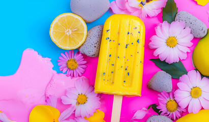 Yellow popsicle with lemon and edible flowers – colorful summer food concept. Minimal concept on blue and pink vibrant background.