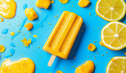 Yellow popsicle with lemon slices – playful summer dessert on bright blue background. Minimal concept.