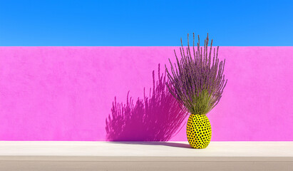 Lavender in a yellow vase with polka dots and sharp shadows. Minimal concept pastel floral still life on pink and blue color block wall.
